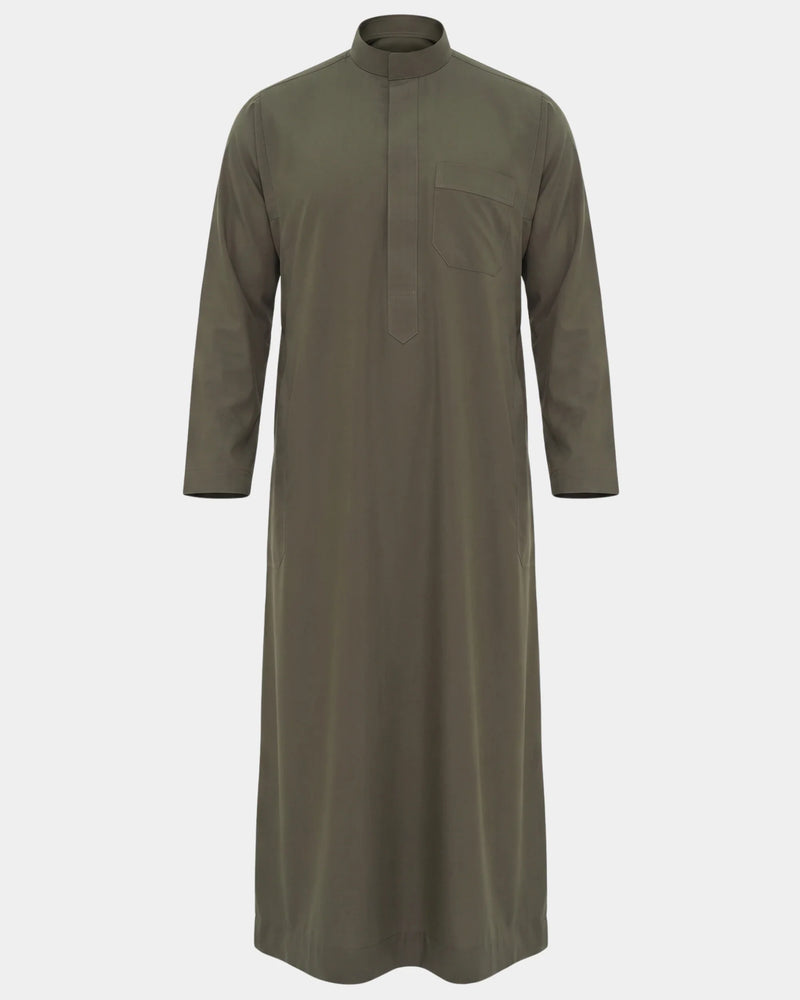 Qamis saoudien kaki Al Rezam vue de face, coupe droite avec col mao et poche poitrine