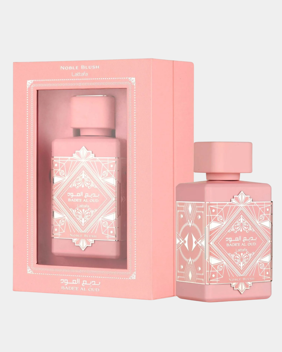 Flacon rose poudré de l'eau de parfum Badee Al Oud Noble Blush de Lattafa, 100 ml