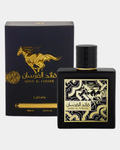 Flacon noir et doré de l'eau de parfum Qaed Al Fursan de Lattafa, 90 ml