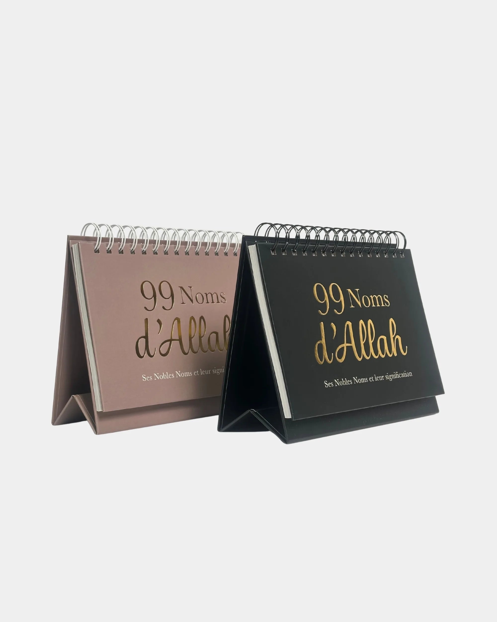 Calendrier de bureau 99 Noms d'Allah, coloris taupe et noir, vue duo