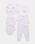 Coffret naissance 5 pièces personnalisé brodé : pyjama, body, bonnet, gants et bavoir en 100% coton blanc