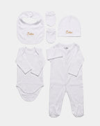 Coffret naissance 5 pièces personnalisé brodé : pyjama, body, bonnet, gants et bavoir en 100% coton blanc