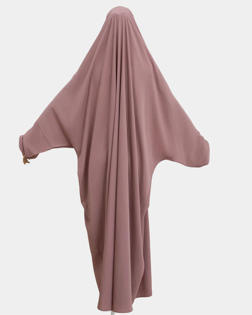 Vue de dos du jilbab 1 pièce beige rosé, coupe ample et non moulante