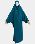 Jilbab 1 pièce bleu canard porté sur mannequin, vue de face, tombé fluide jusqu'aux chevilles
