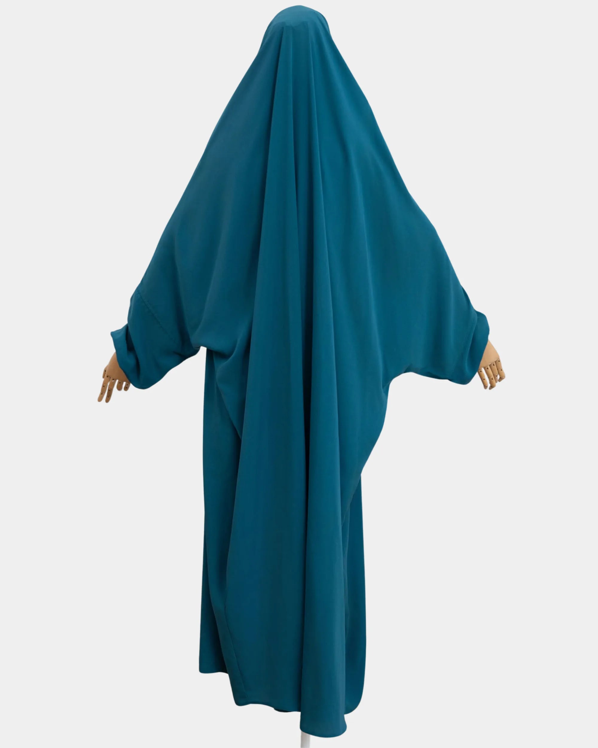 Vue de dos du jilbab 1 pièce bleu canard, coupe ample et non moulante