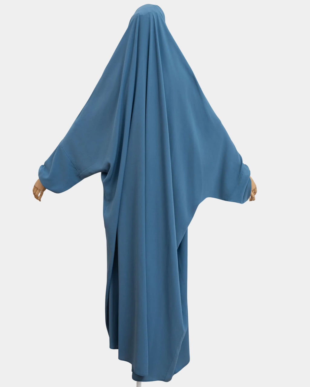 Vue de dos du jilbab 1 pièce bleu jean, coupe ample et non moulante