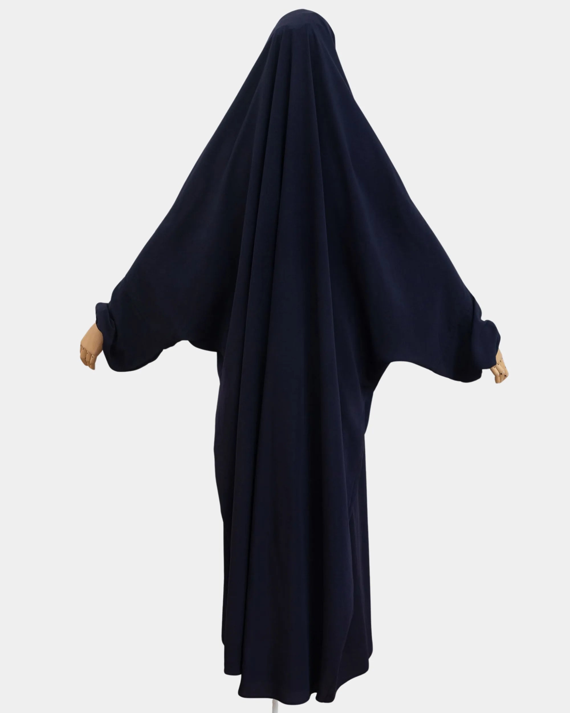 Vue de dos du jilbab 1 pièce bleu marine, coupe ample et non moulante