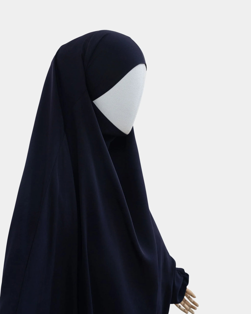 Jilbab 1 pièce bleu marine vu de profil, capuche couvrante et large tombé