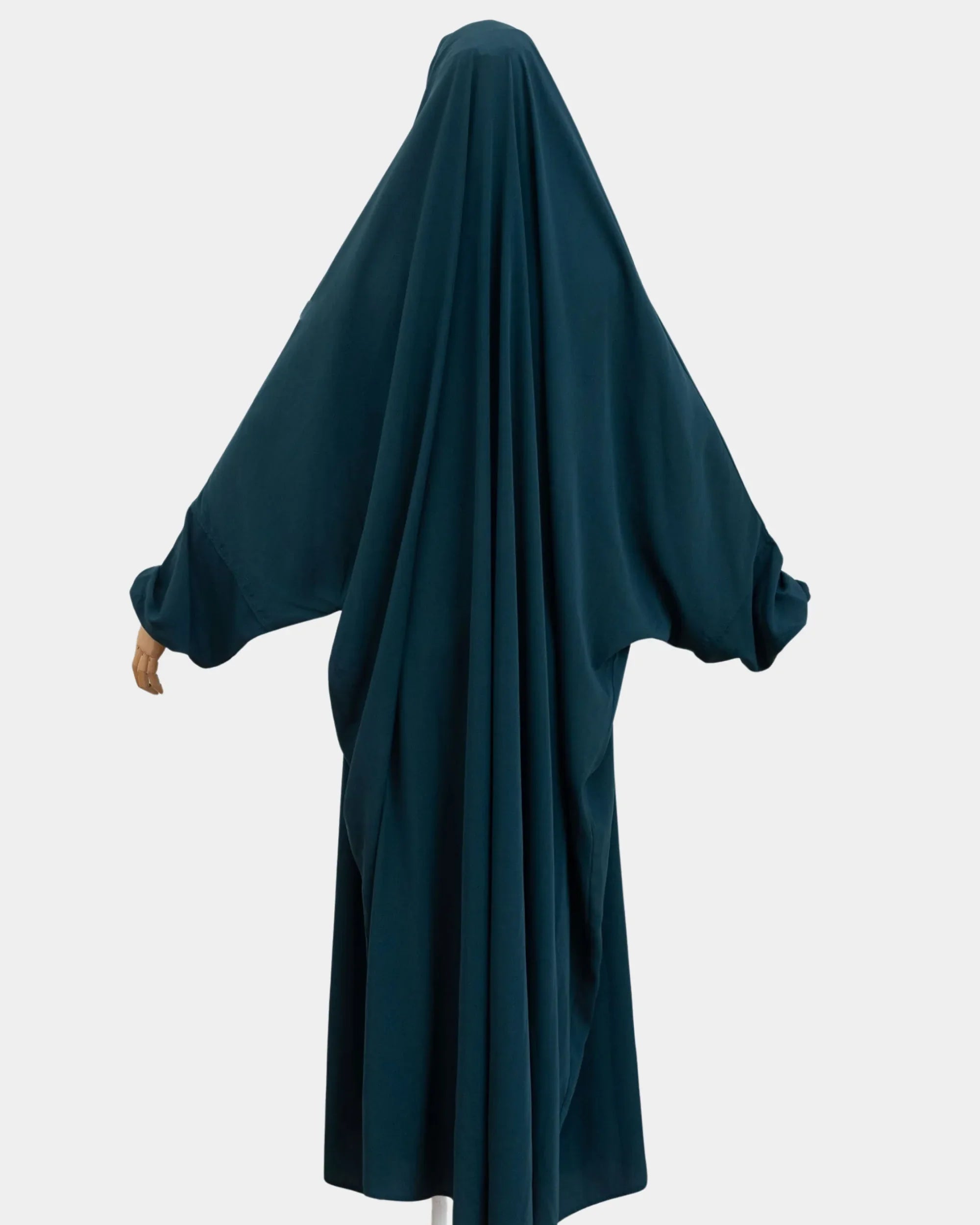 Vue de dos du jilbab 1 pièce bleu pétrole, coupe ample et non moulante