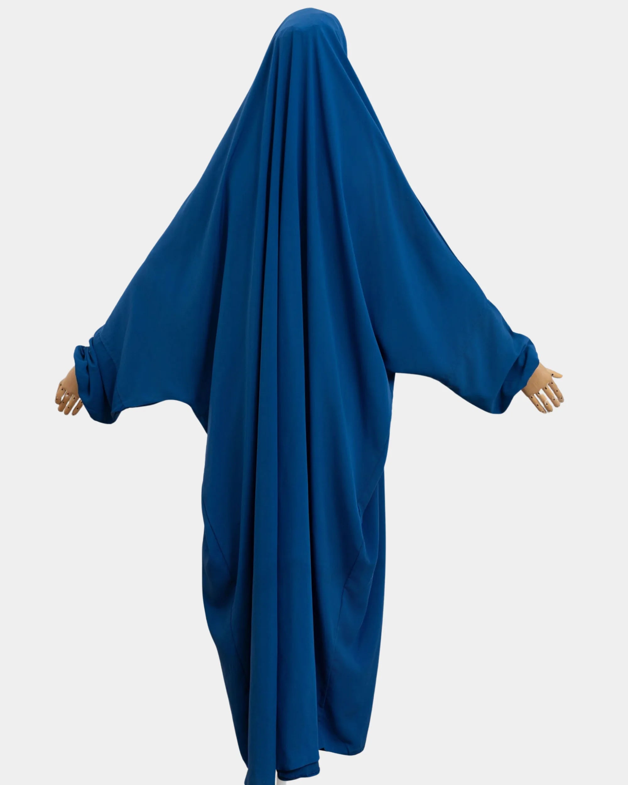 Vue de dos du jilbab 1 pièce bleu royal, coupe ample et non moulante