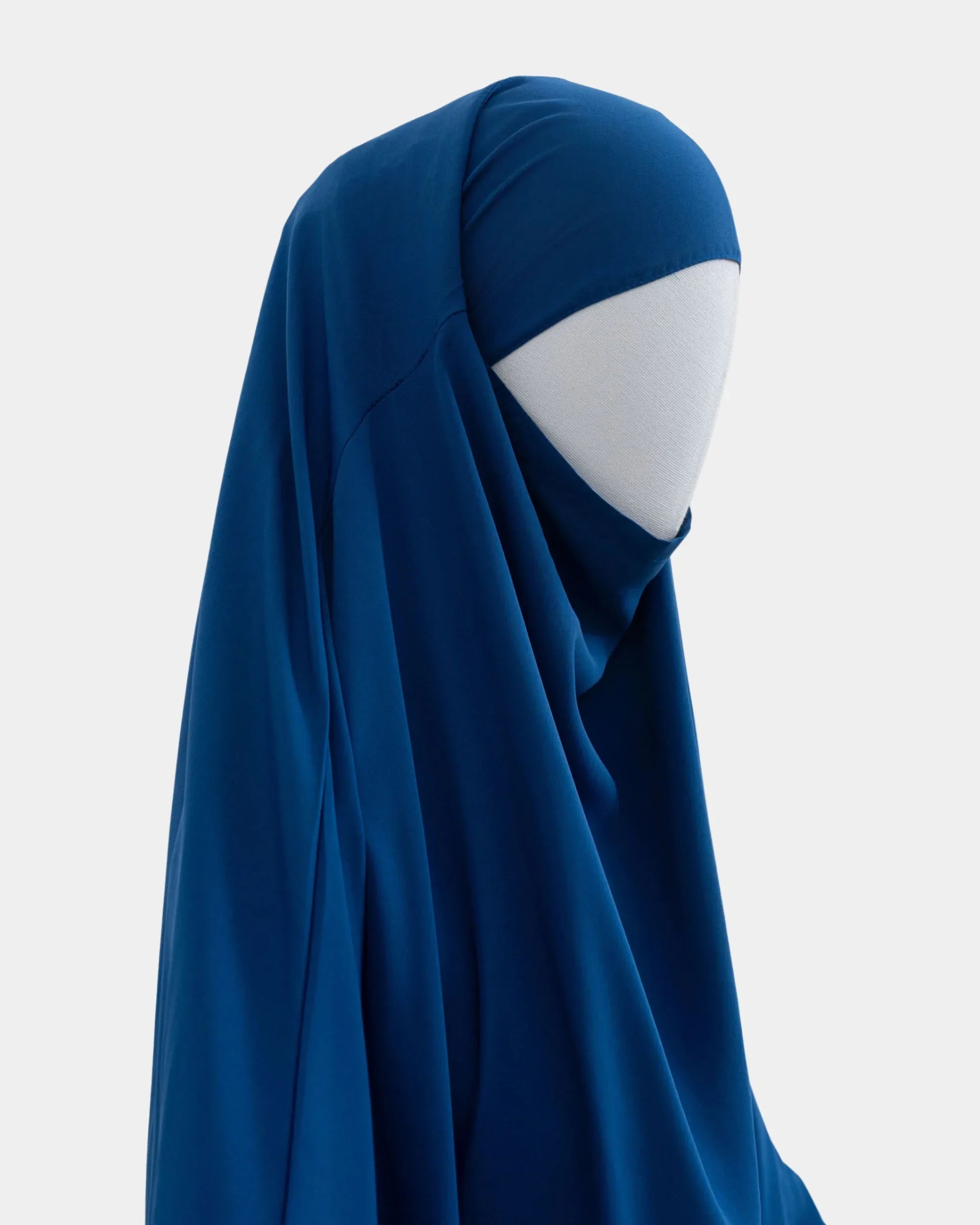Jilbab 1 pièce bleu royal vu de profil, capuche couvrante et large tombé