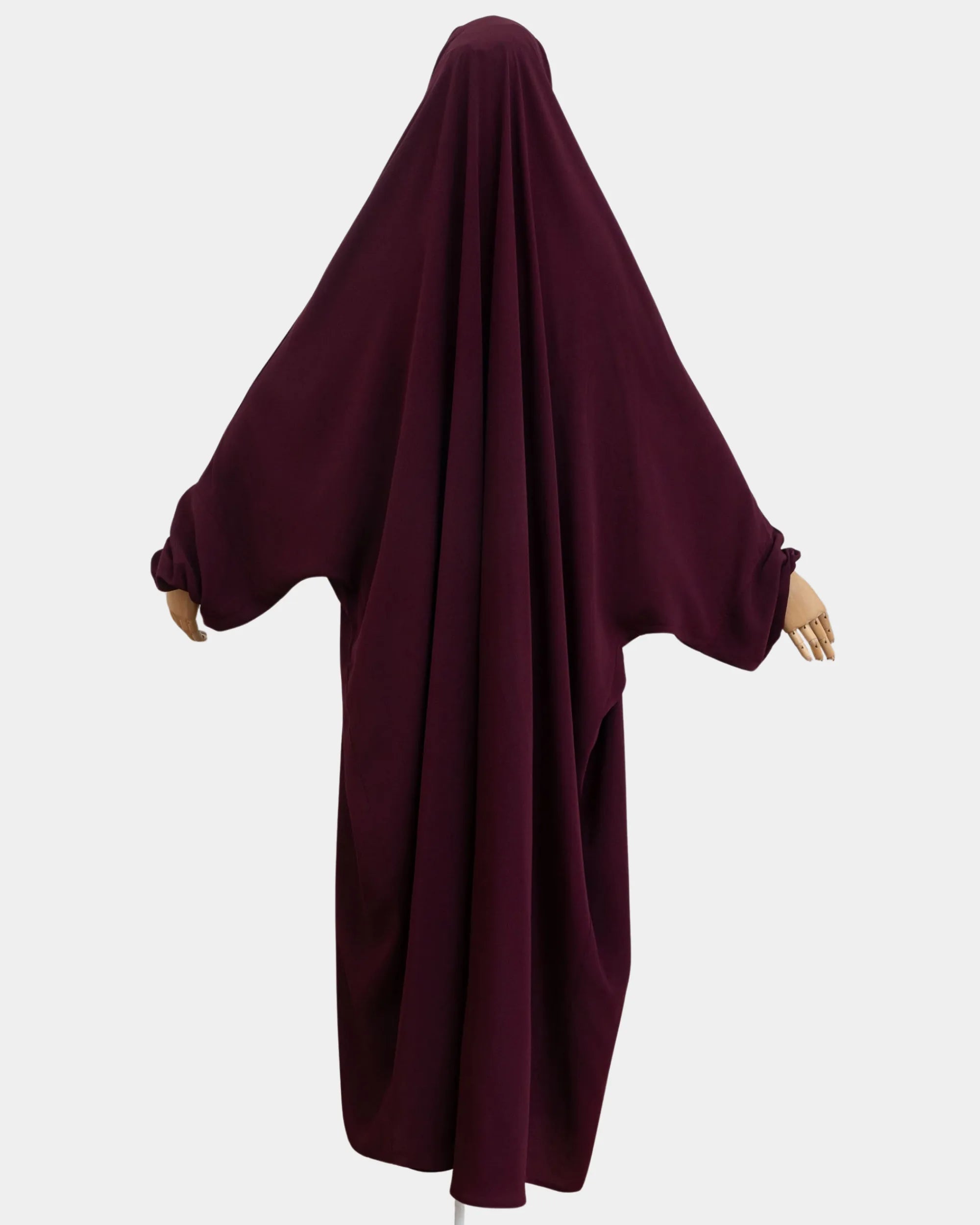 Vue de dos du jilbab 1 pièce bordeaux, coupe ample et non moulante