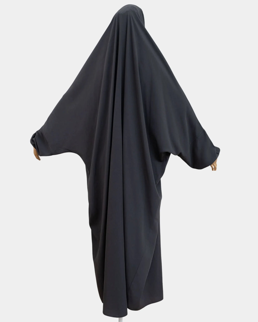 Vue de dos du jilbab 1 pièce gris foncé, coupe ample et non moulante
