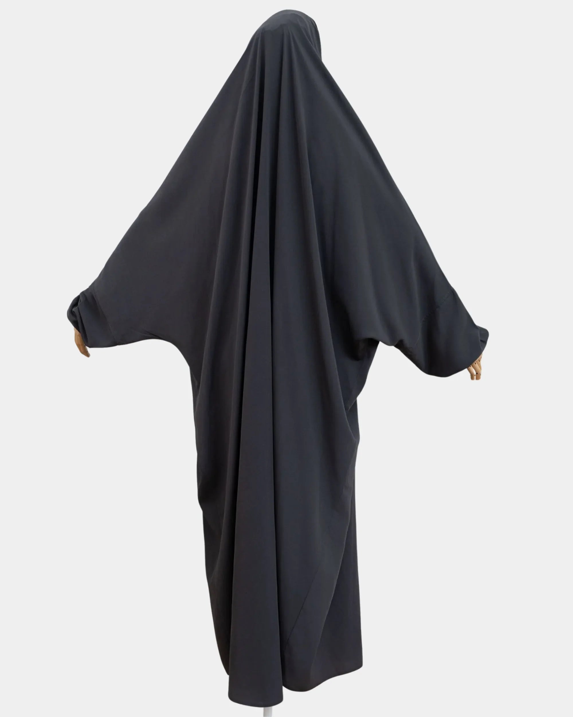 Vue de dos du jilbab 1 pièce gris foncé, coupe ample et non moulante