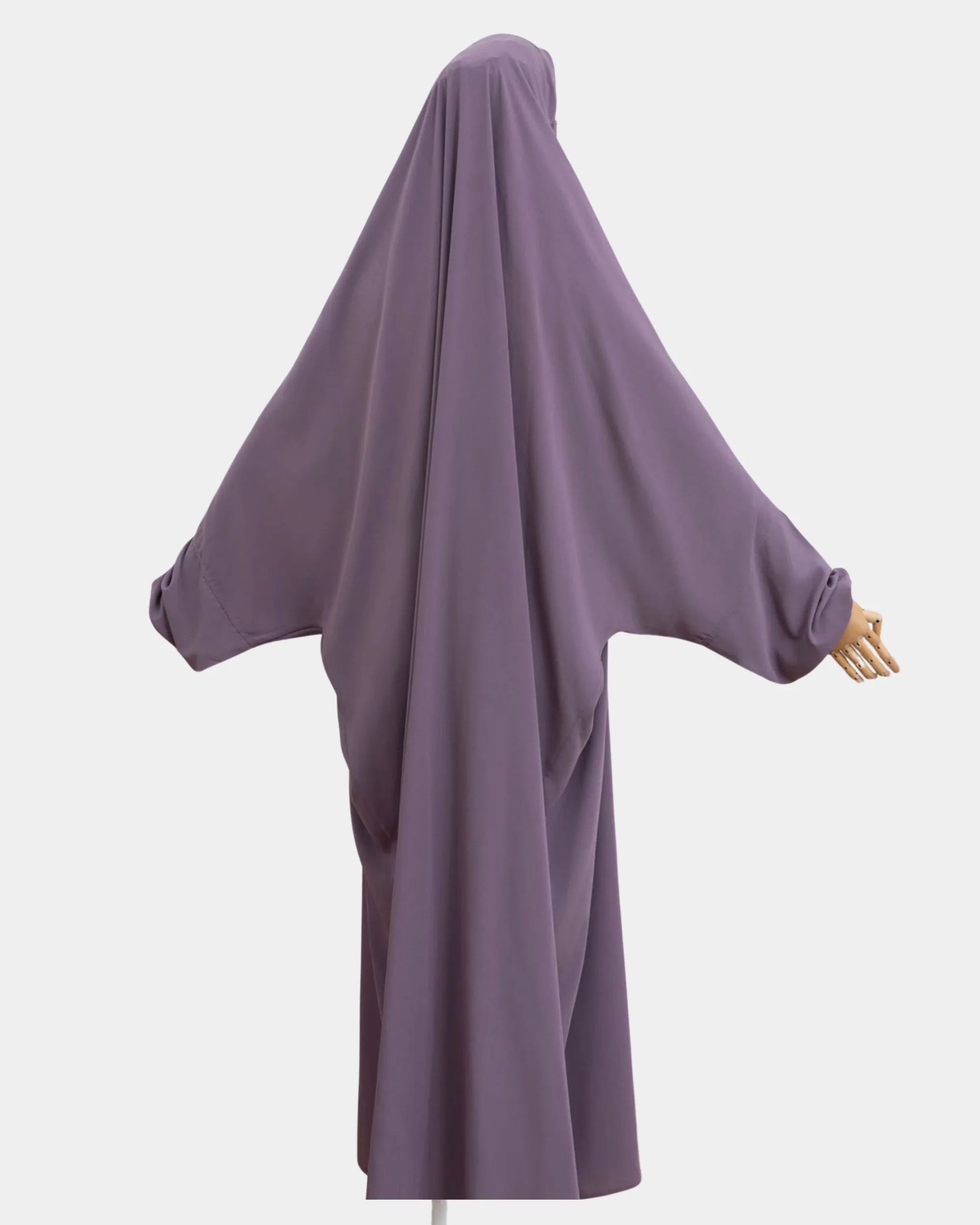 Vue de dos du jilbab 1 pièce lilas, coupe ample et non moulante