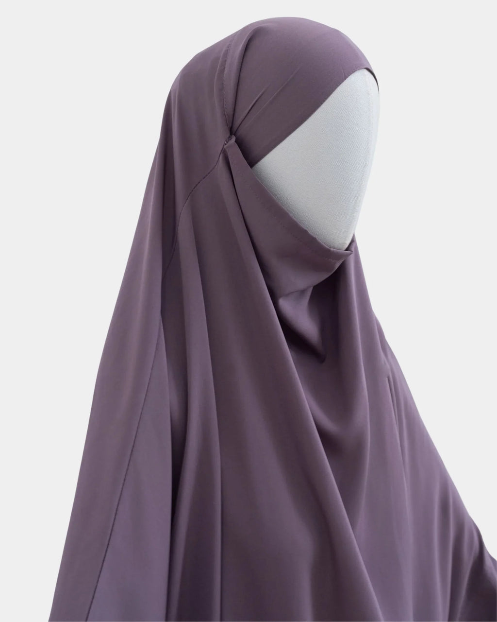 Jilbab 1 pièce lilas vu de profil, capuche couvrante et large tombé
