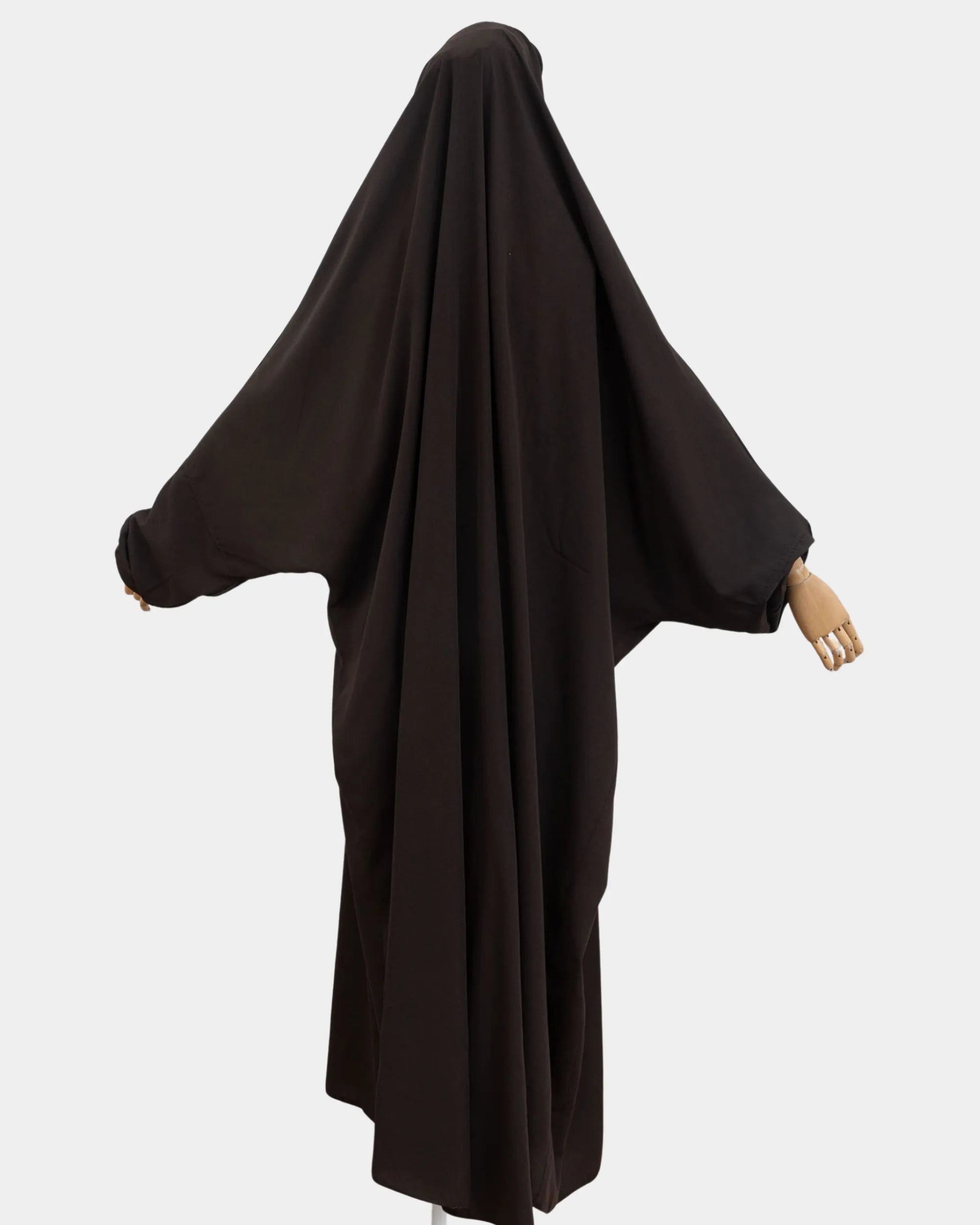 Vue de dos du jilbab 1 pièce marron café, coupe ample et non moulante