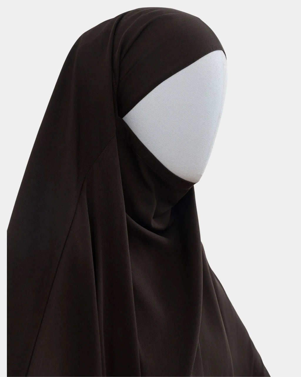 Jilbab 1 pièce marron café vu de profil, capuche couvrante et large tombé