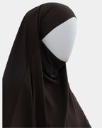 Jilbab 1 pièce marron café vu de profil, capuche couvrante et large tombé