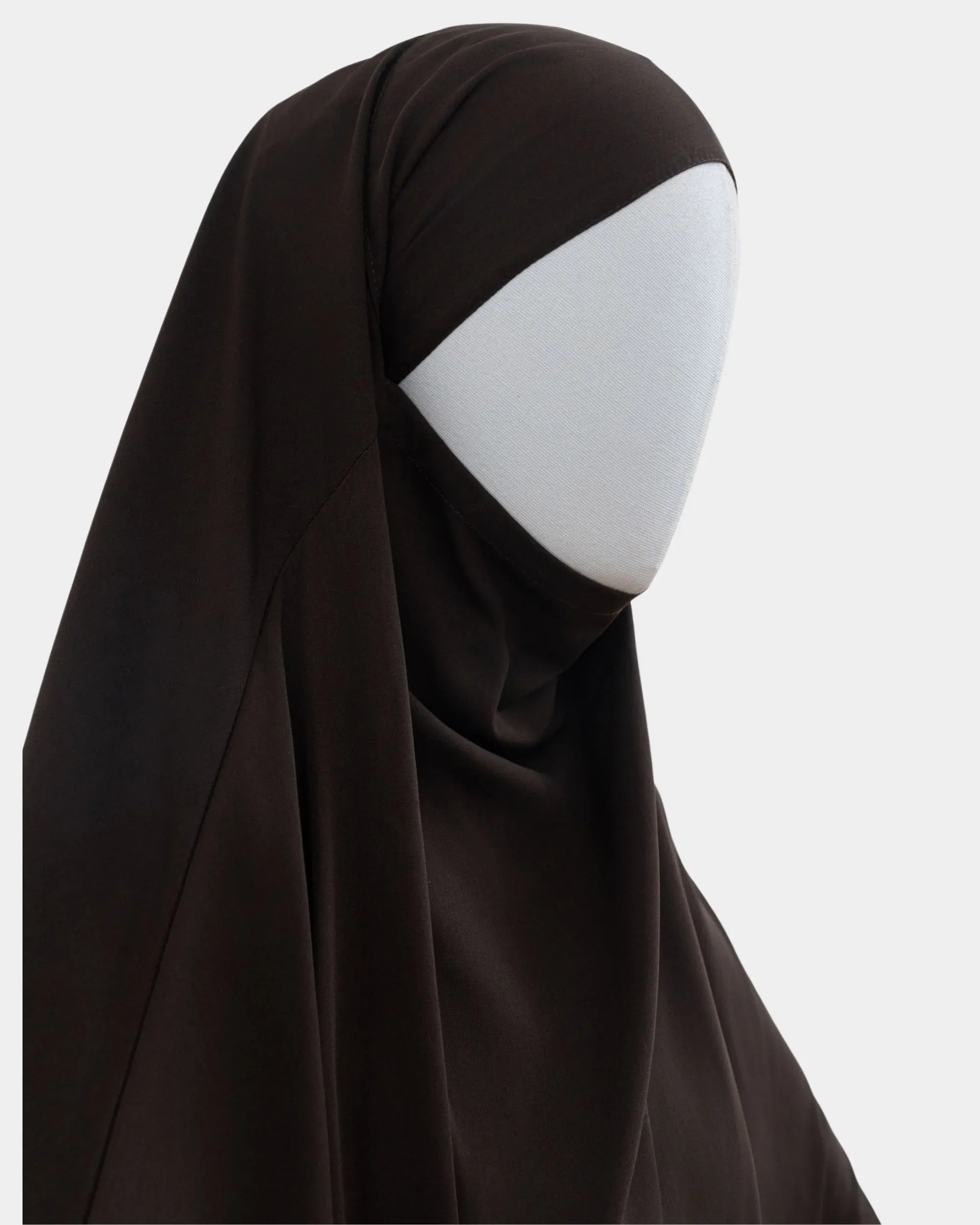 Jilbab 1 pièce marron café vu de profil, capuche couvrante et large tombé