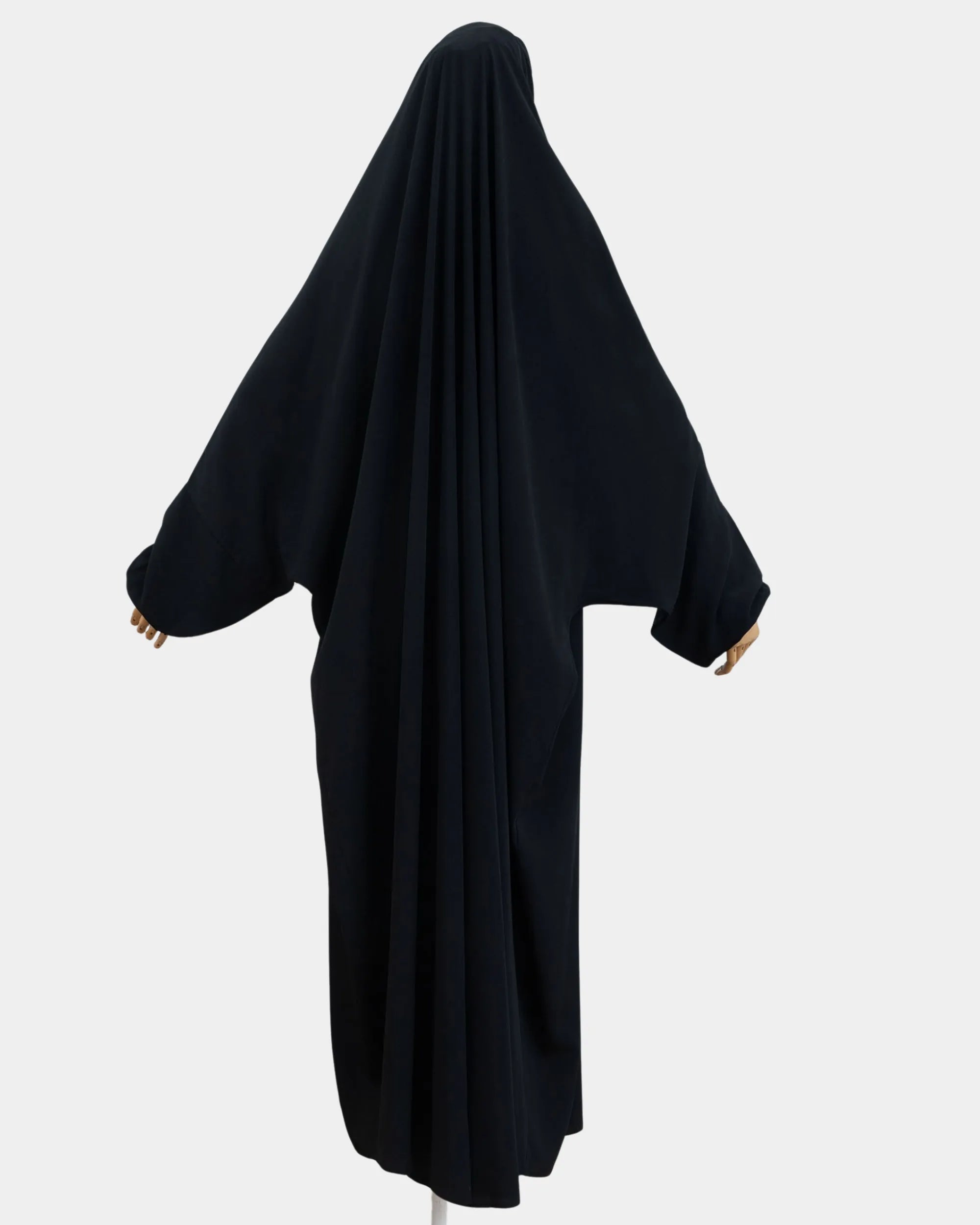 Vue de dos du jilbab 1 pièce noir, coupe ample et non moulante