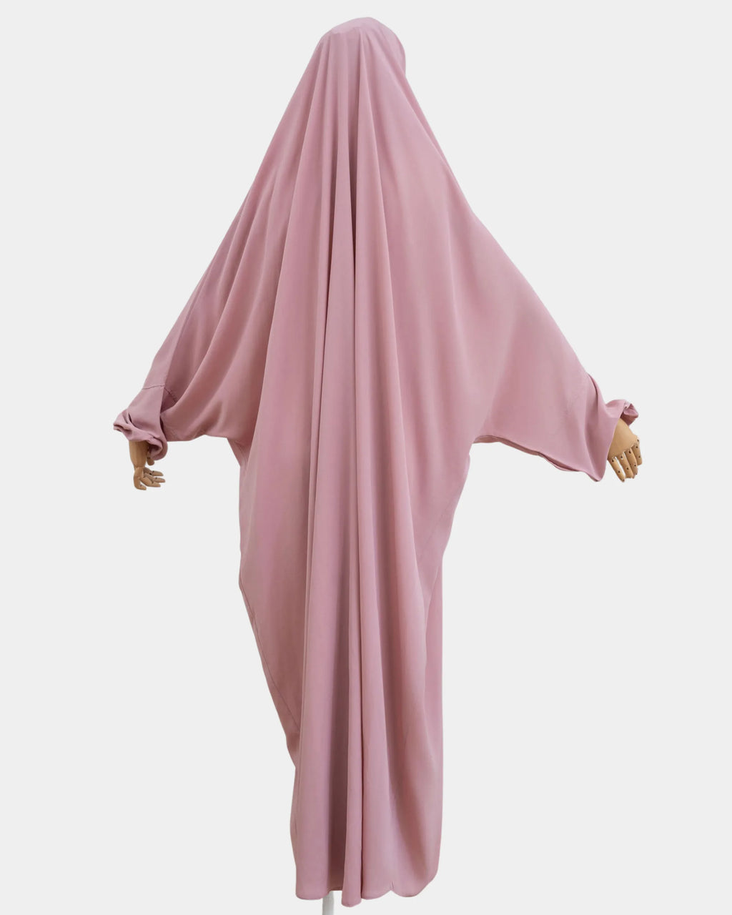Vue de dos du jilbab 1 pièce rose, coupe ample et non moulante