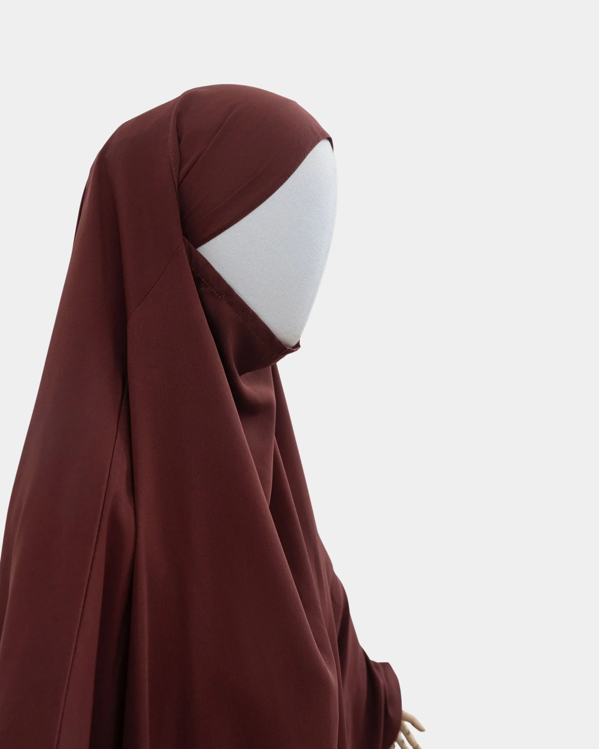 Jilbab 1 pièce rouille vu de profil, capuche couvrante et large tombé