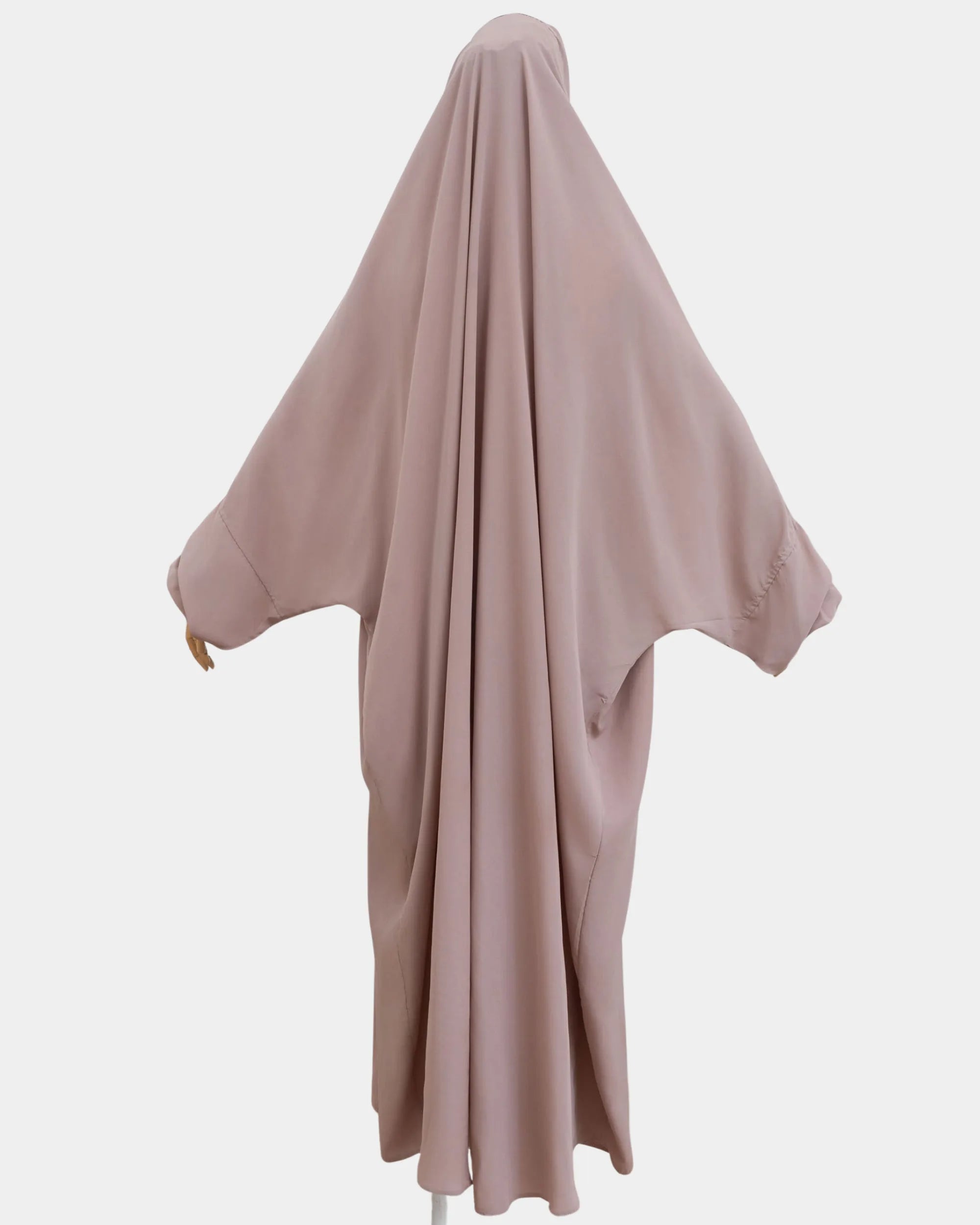 Vue de dos du jilbab 1 pièce taupe clair, coupe ample et non moulante