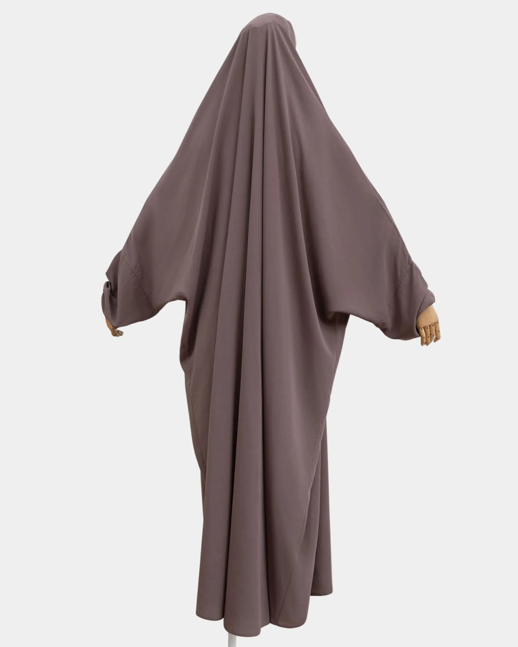 Vue de dos du jilbab 1 pièce taupe, coupe ample et non moulante
