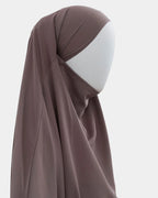 Jilbab 1 pièce taupe vu de profil, capuche couvrante et large tombé