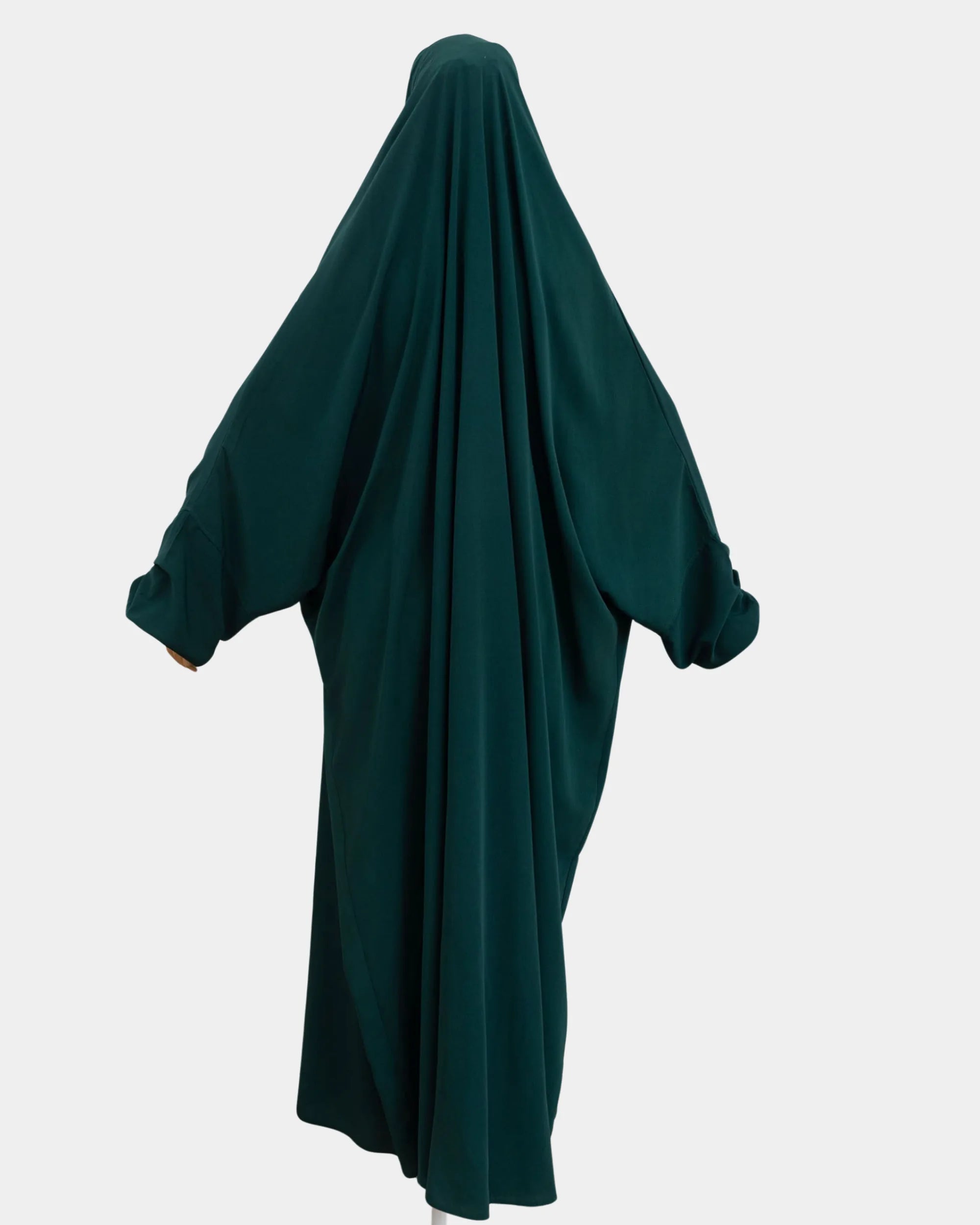 Vue de dos du jilbab 1 pièce vert forêt, coupe ample et non moulante