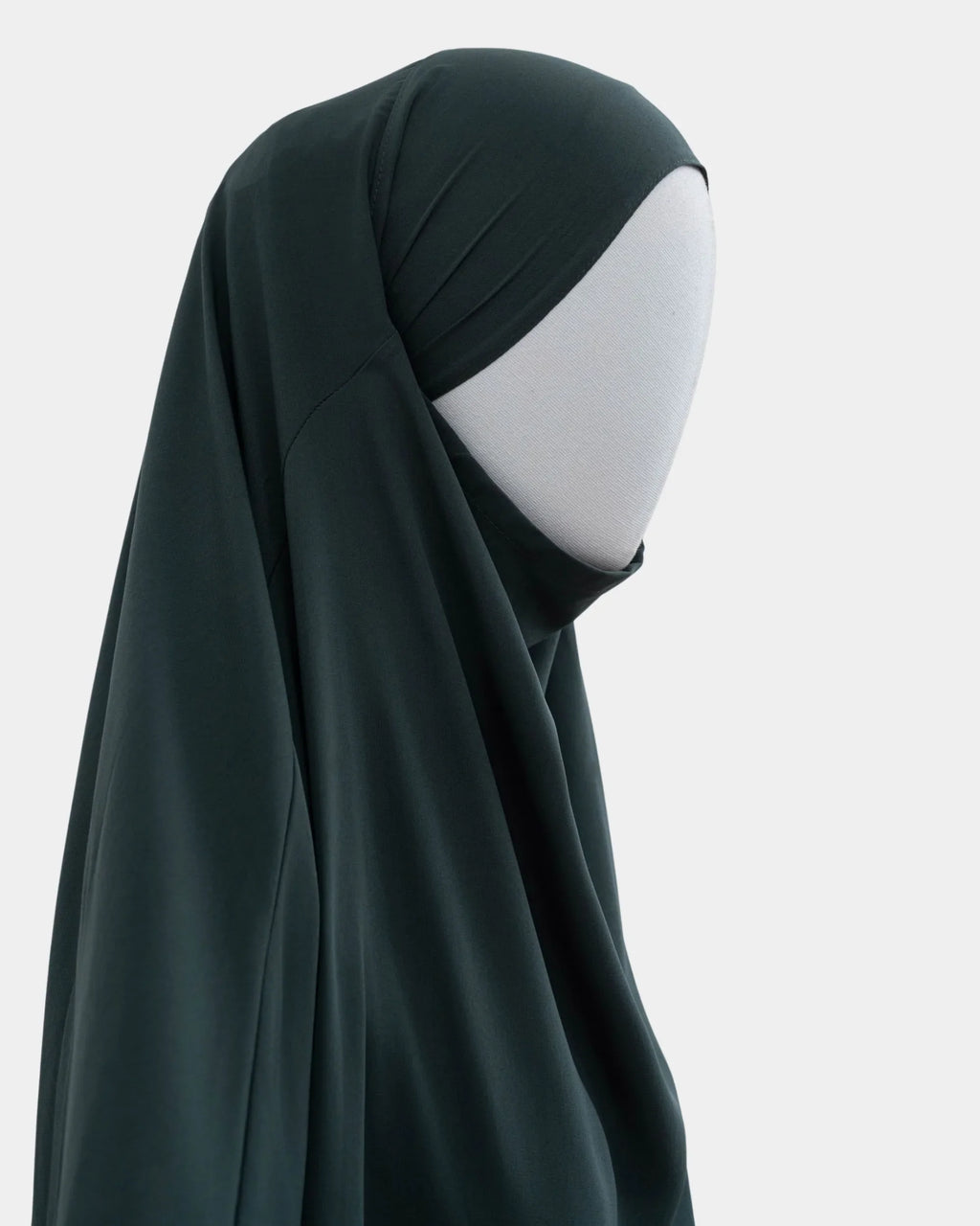 Jilbab 1 pièce vert kaki vu de profil, capuche couvrante et large tombé