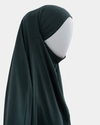 Jilbab 1 pièce vert kaki vu de profil, capuche couvrante et large tombé