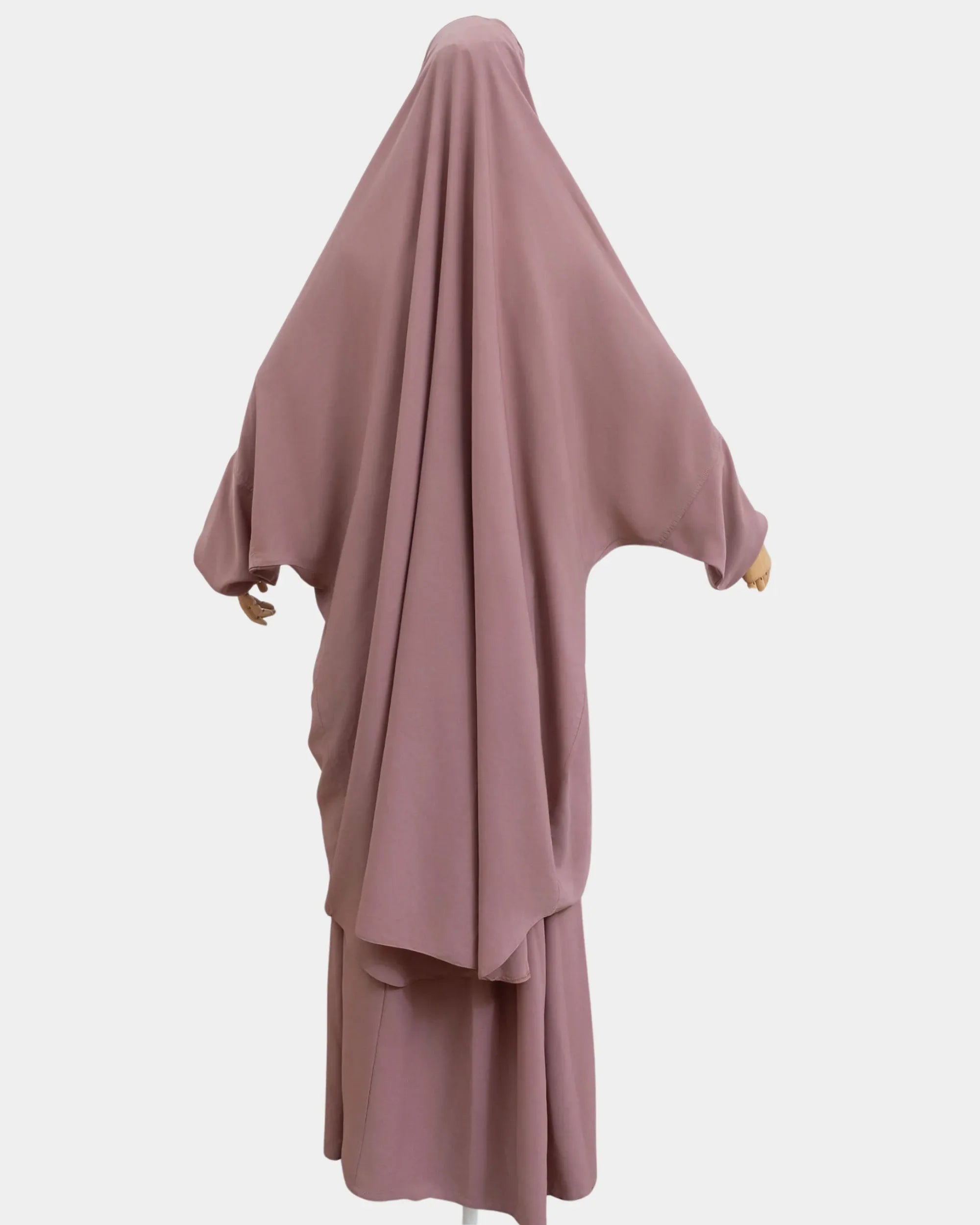 Vue de dos du jilbab 2 pièces beige rosé, coupe ample et non moulante