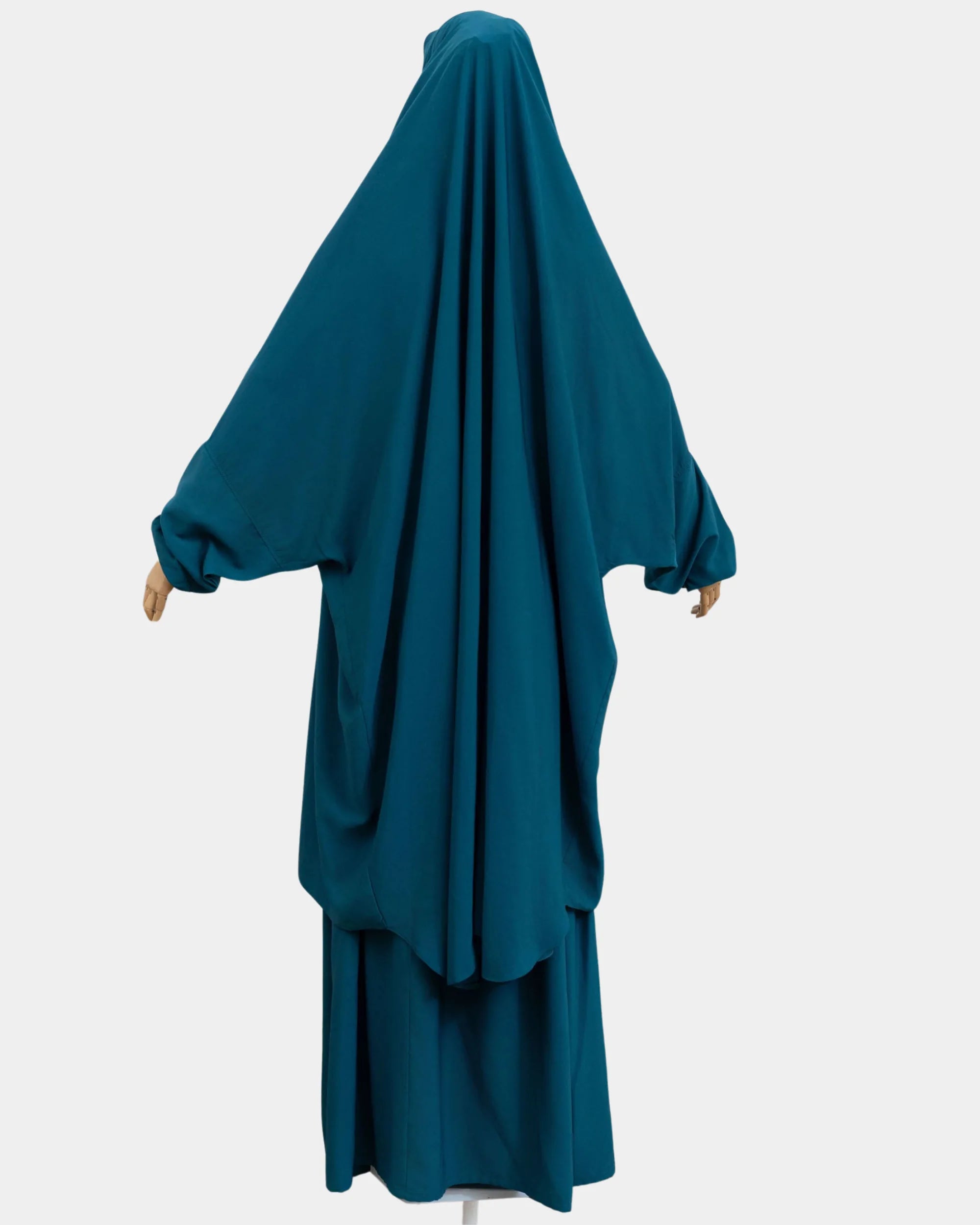 Vue de dos du jilbab 2 pièces bleu canard, coupe ample et non moulante