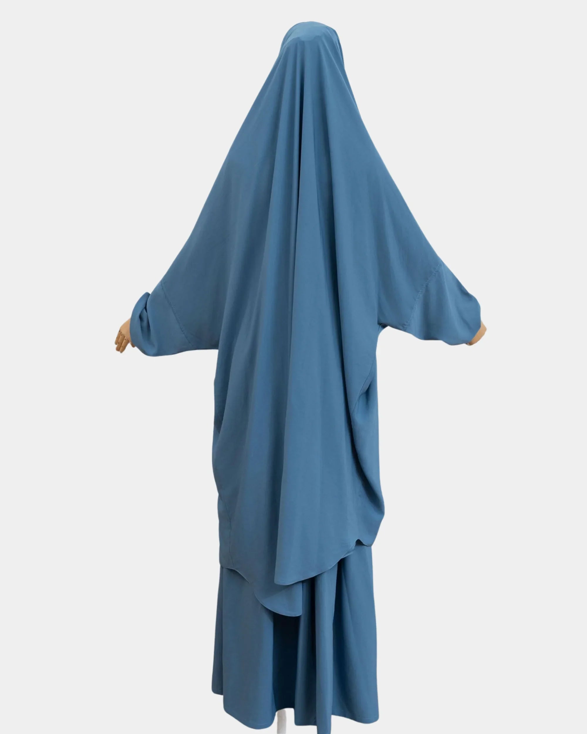 Vue de dos du jilbab 2 pièces bleu jean, coupe ample et non moulante