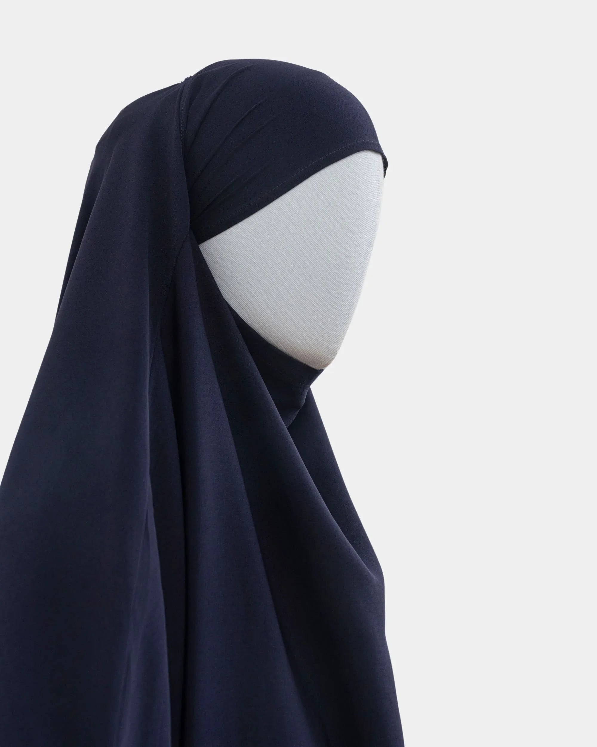 Capuche du jilbab 2 pièces bleu marine vue de profil, tombé couvrant sur l'épaule