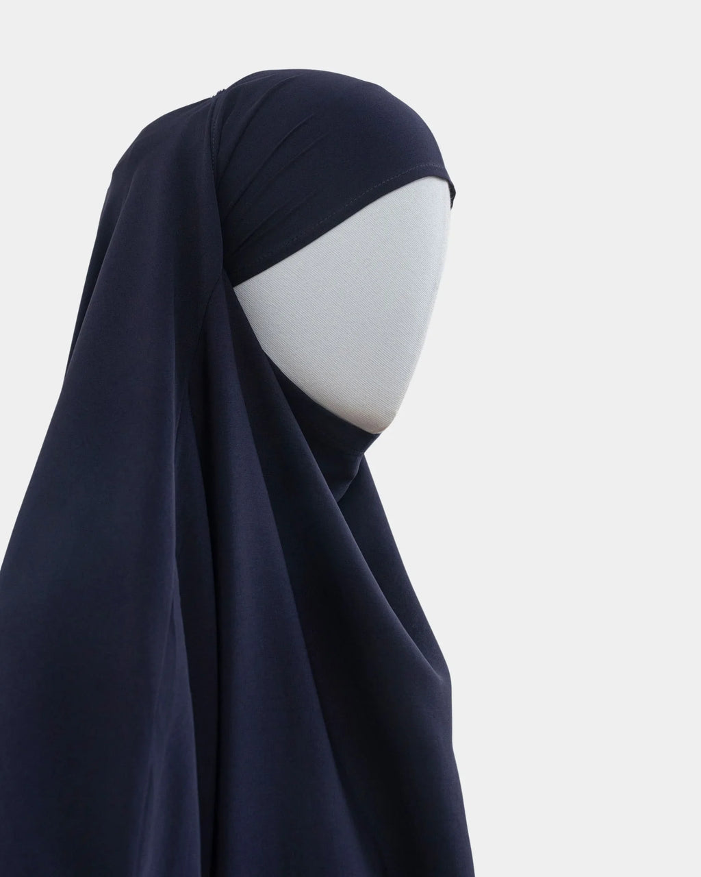 Capuche du jilbab 2 pièces bleu marine vue de profil, tombé couvrant sur l'épaule