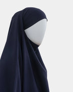 Capuche du jilbab 2 pièces bleu marine vue de profil, tombé couvrant sur l'épaule