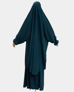 Vue de dos du jilbab 2 pièces bleu pétrole, coupe ample et non moulante