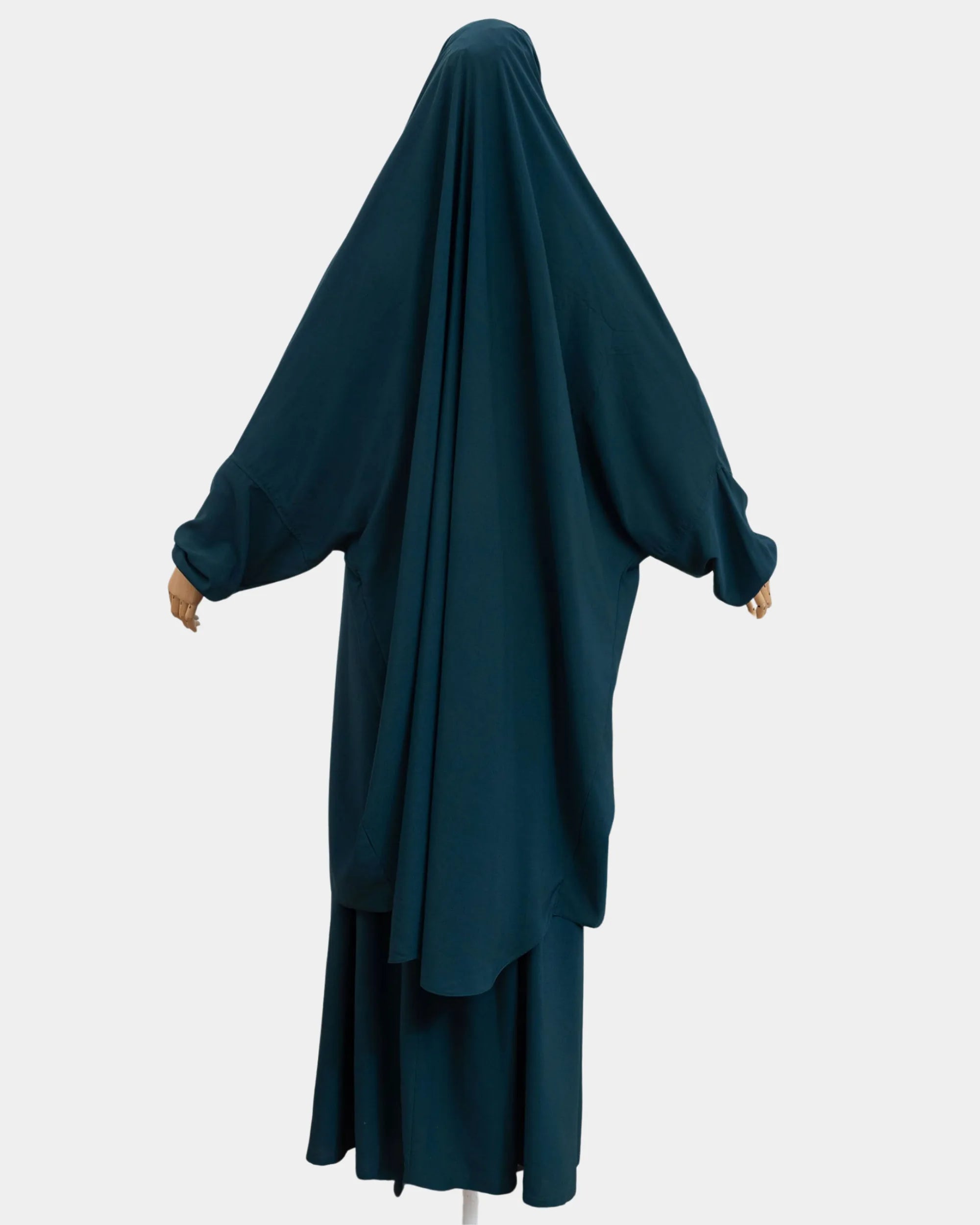 Vue de dos du jilbab 2 pièces bleu pétrole, coupe ample et non moulante