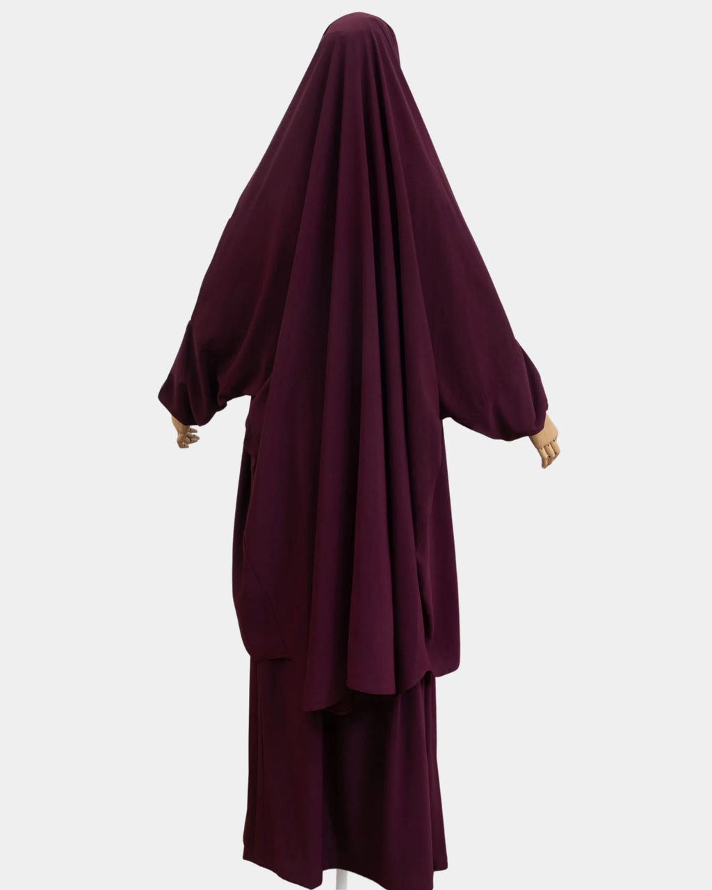 Vue de dos du jilbab 2 pièces bordeaux, coupe ample et non moulante