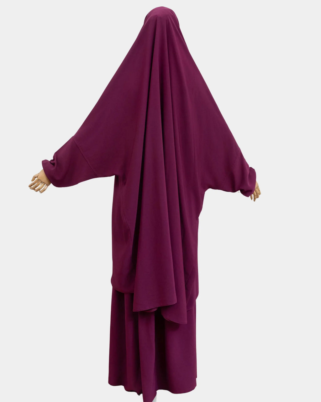 Vue de dos du jilbab 2 pièces fuchsia, coupe ample et non moulante