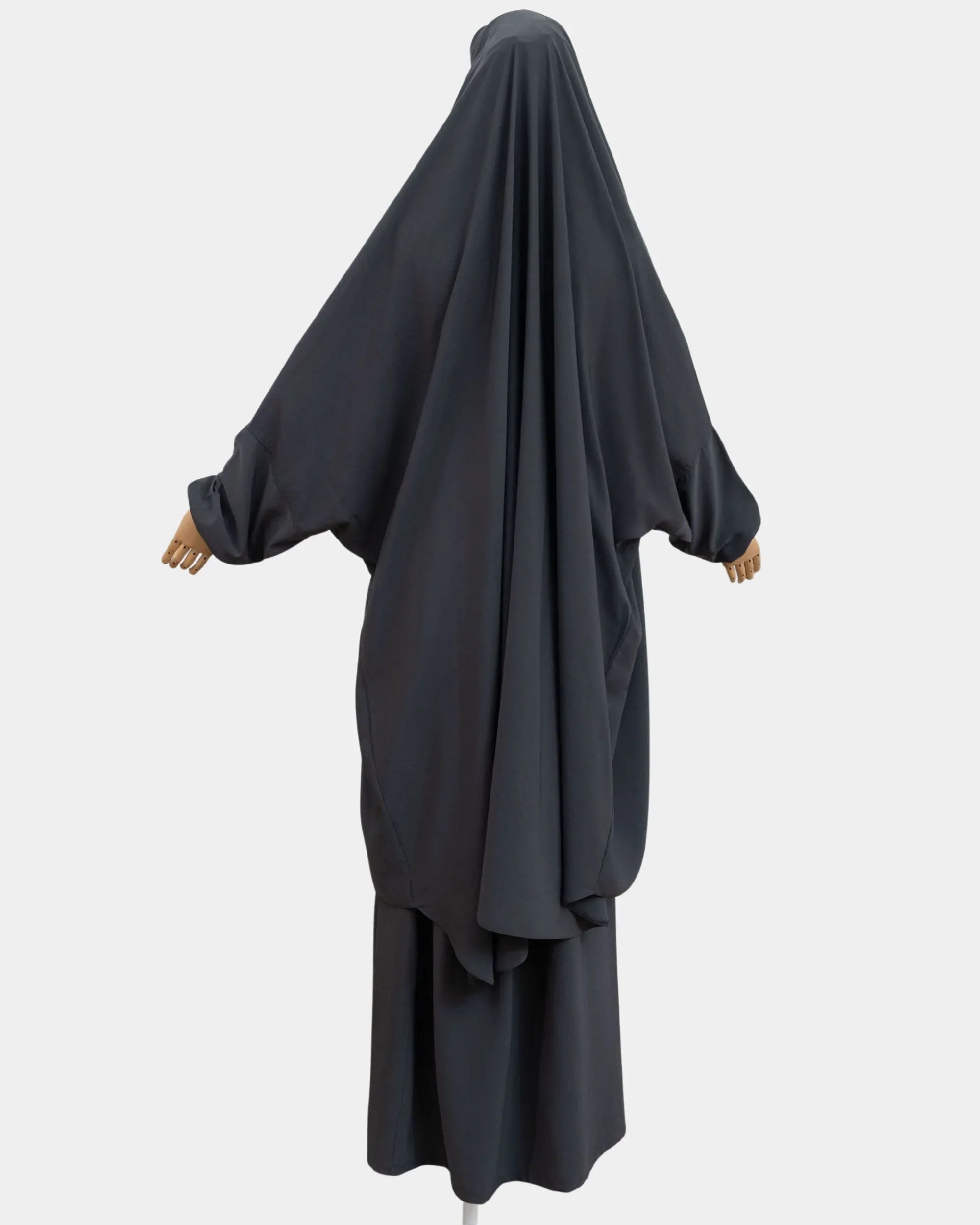 Vue de dos du jilbab 2 pièces gris foncé, coupe ample et non moulante