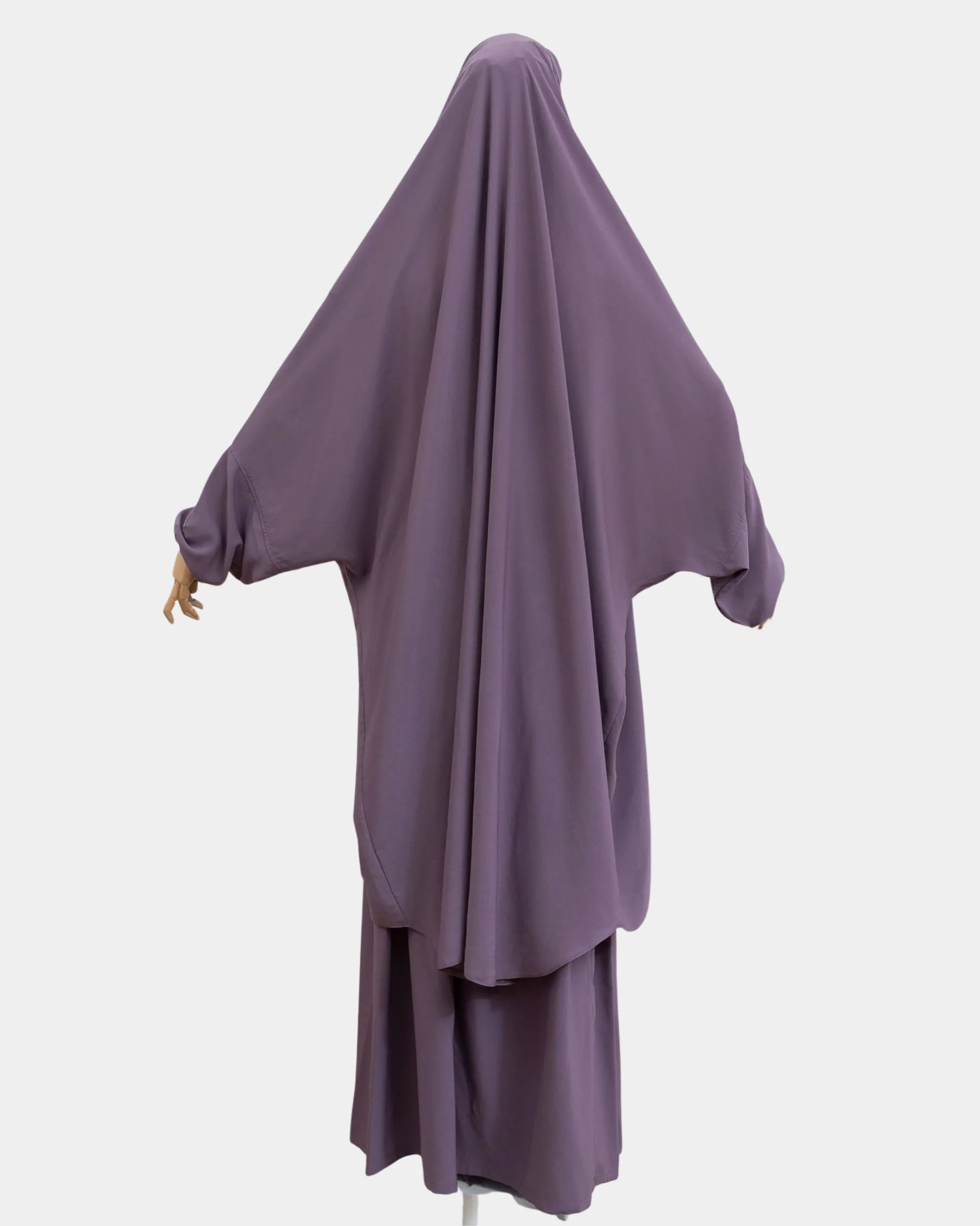 Vue de dos du jilbab 2 pièces lilas, coupe ample et non moulante