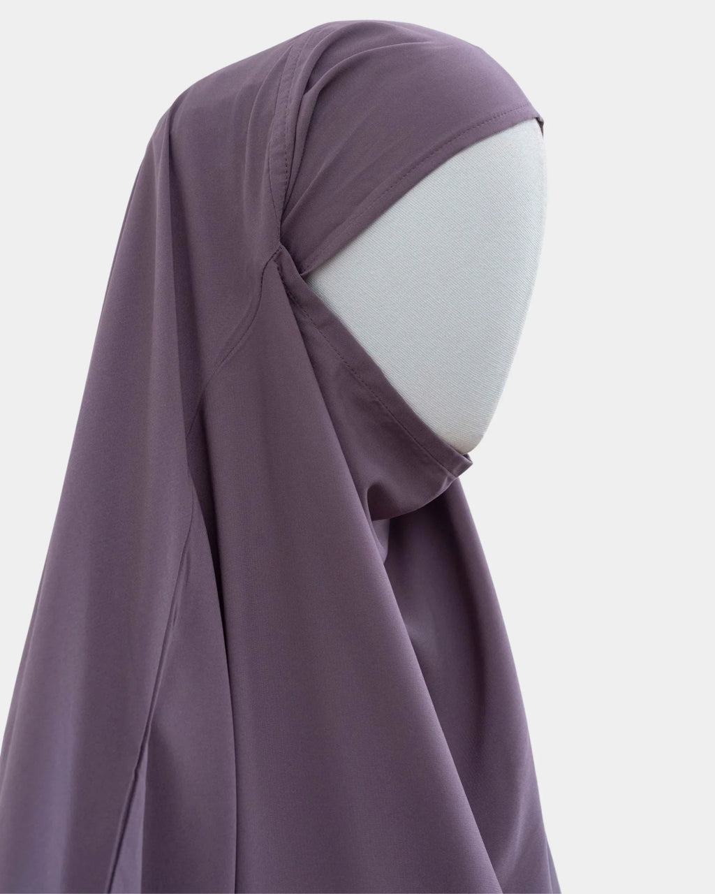 Capuche du jilbab 2 pièces lilas vue de profil, tombé couvrant sur l'épaule