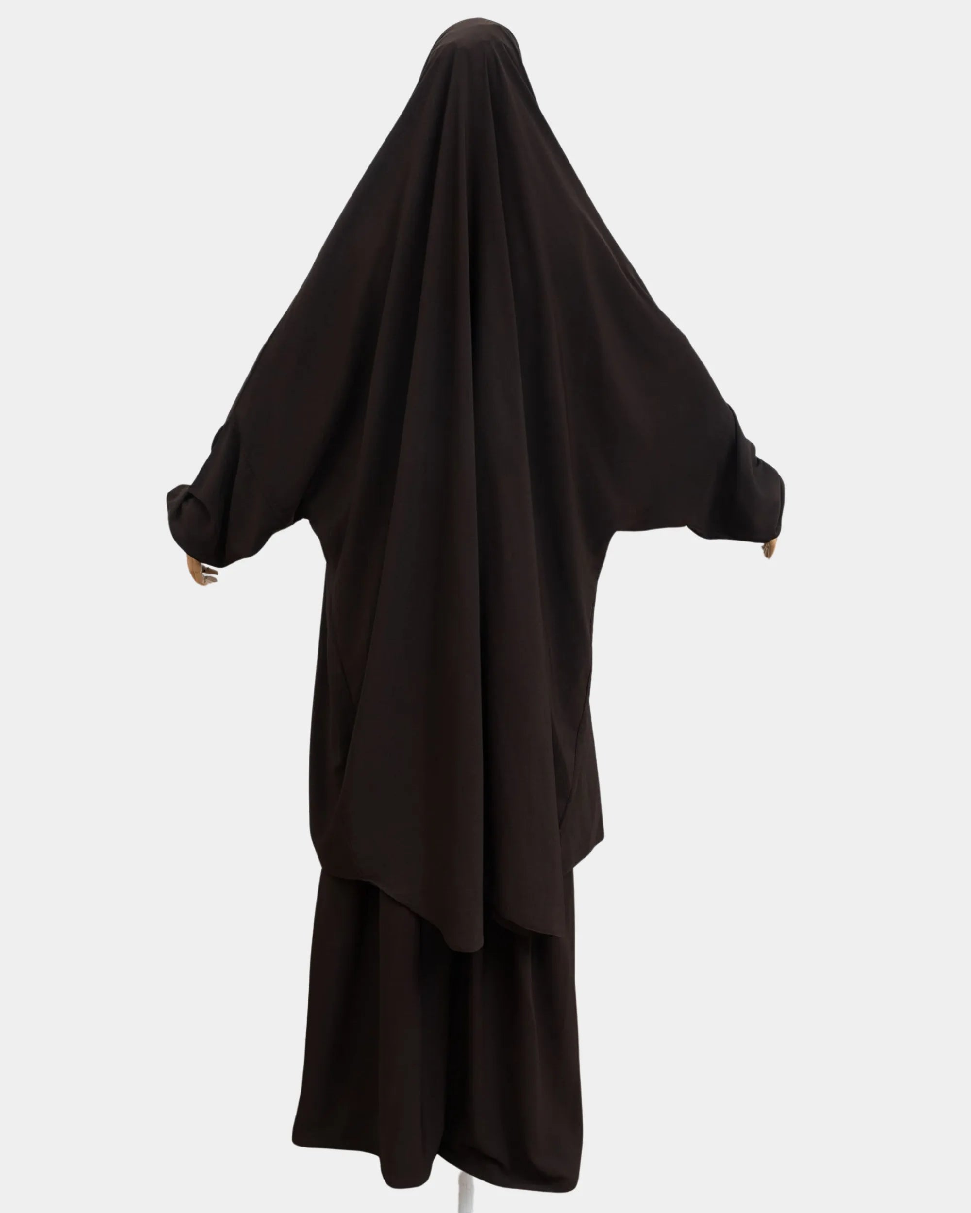 Vue de dos du jilbab 2 pièces marron café, coupe ample et non moulante