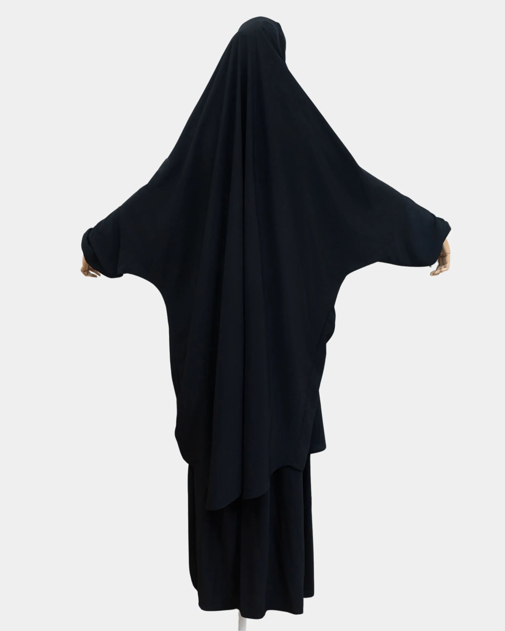 Vue de dos du jilbab 2 pièces noir, coupe ample et non moulante
