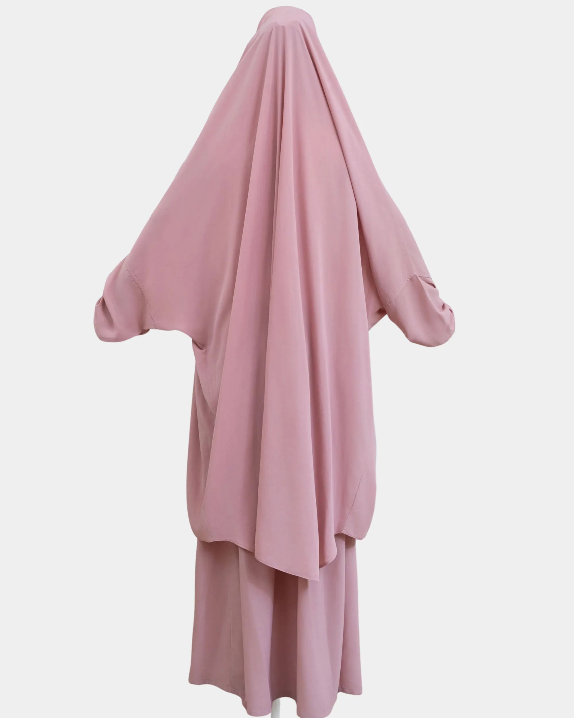 Vue de dos du jilbab 2 pièces rose, coupe ample et non moulante
