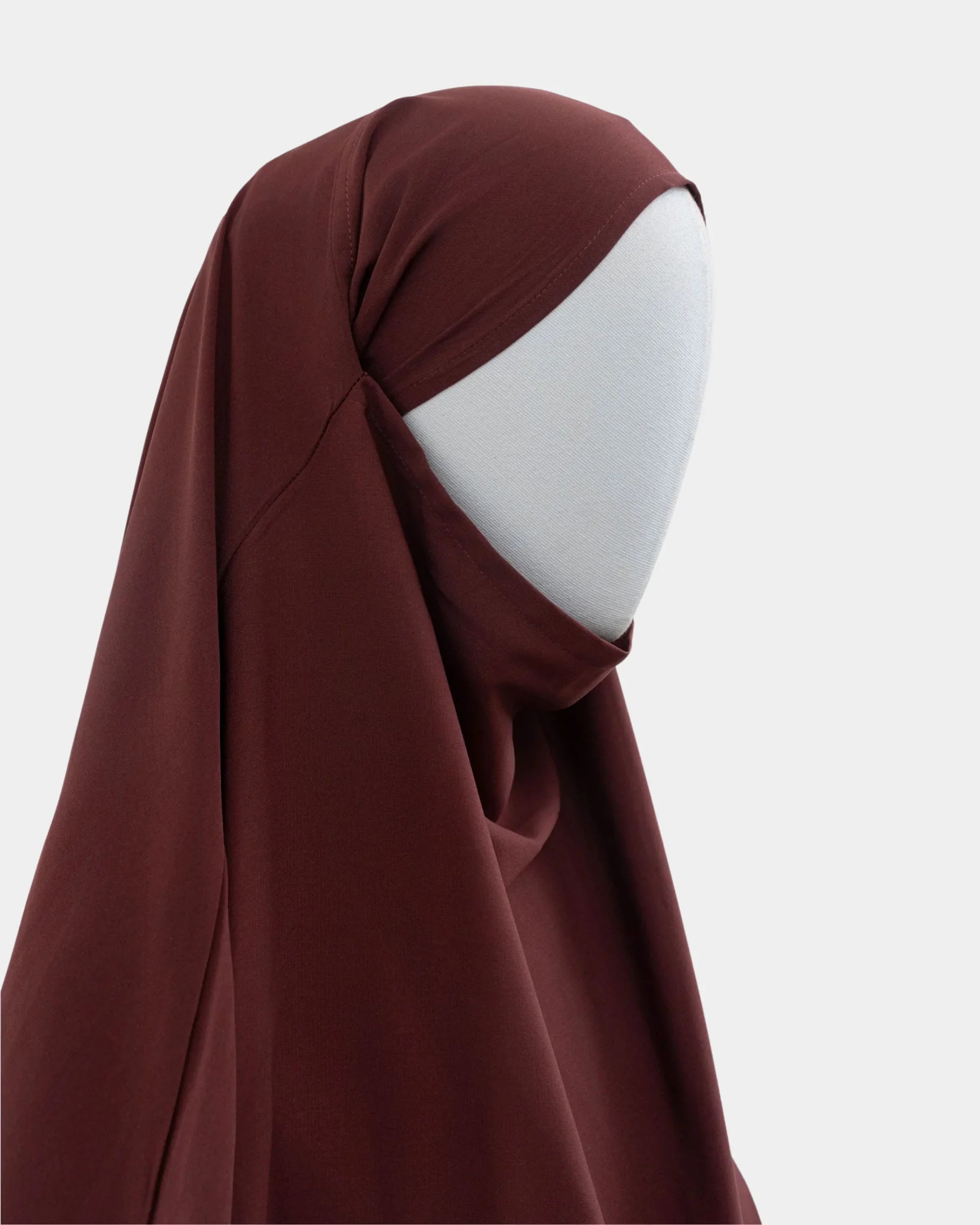 Capuche du jilbab 2 pièces rouille vue de profil, tombé couvrant sur l'épaule